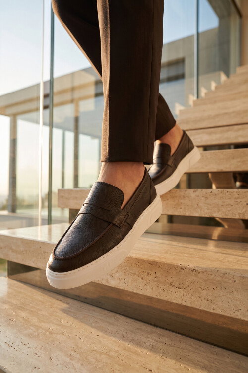 Kahve-Beyaz Hakiki Deri Şık Rahat Erkek Casual Ayakkabı Loafer 272305