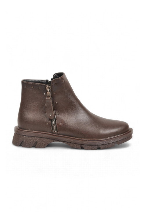 Kahve Cilt Kalın Kauçuk Tabanlı Zımba Detaylı Şık Fermuarlı Polarlı Kadın Bot 351107