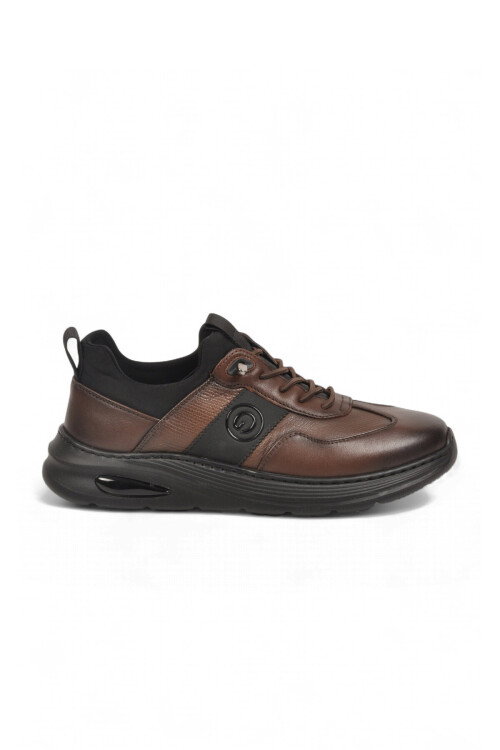Kauçuk Tabanlı Lastik Bağcıklı Hakiki Deri Kahve Erkek Casual Sneaker Ayakkabı 26K540-3