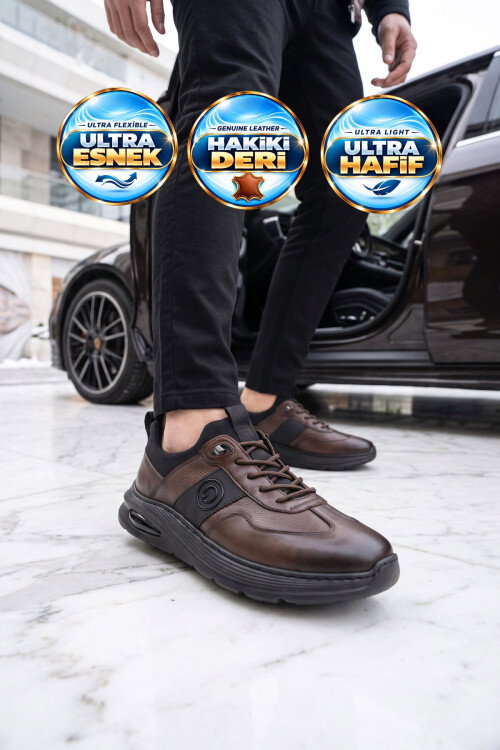 Kauçuk Tabanlı Lastik Bağcıklı Hakiki Deri Kahve Erkek Casual Sneaker Ayakkabı 26K540-3