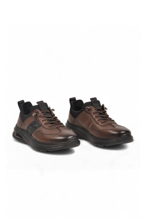 Kauçuk Tabanlı Lastik Bağcıklı Hakiki Deri Kahve Erkek Casual Sneaker Ayakkabı 26K540-3