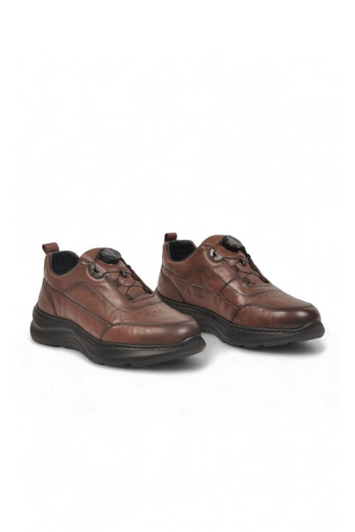 Kauçuk Tabanlı Akıllı Bağcıklı Hakiki Deri Kahve Erkek Casual Sneaker Ayakkabı 26K541-1