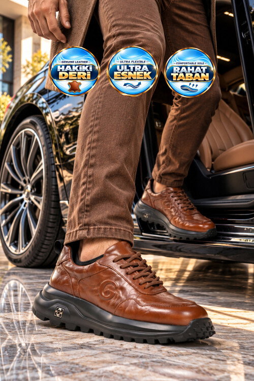 Kahve Hakiki Deri Kalın Tabanlı Bağcıklı Erkek Casual Sneaker Ayakkabı 26K565