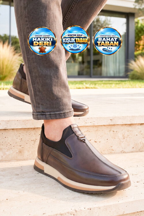 Kahve Hakiki Deri Yan Lastikli Erkek Casual Sneaker Ayakkabı 42170