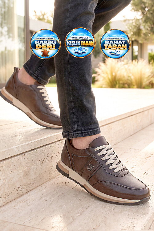 Kahve Hakiki Deri Bağcıklı Erkek Casual Sneaker Ayakkabı 42172