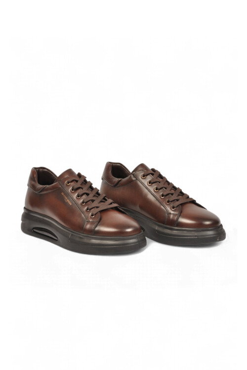 Kauçuk Tabanlı Bağcıklı Sneaker Kahve Hakiki Deri Erkek Casual Ayakkabı XS2456-6015 