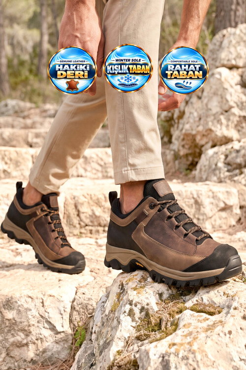 Kahve Hakiki Deri Kaymaz Tabanlı Bağcıklı Erkek Outdoor Trekking Ayakkabı 2546