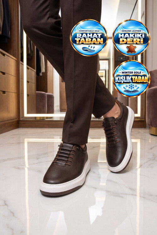 Lastik Bağcıklı Şık Rahat Hakiki Deri Kahve Erkek Casual Sneaker Ayakkabı 272304
