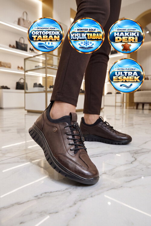 Kauçuk Tabanlı Bağcıklı Ortopedik Hakiki Deri Kahve Kadın Casual Ayakkabı 8680