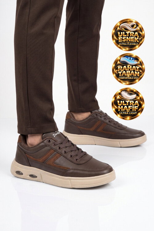 Kahve Bağcıklı Hafif Esnek Tabanlı Erkek Casual Yürüyüş Ayakkabı Sneaker 128 Cilt