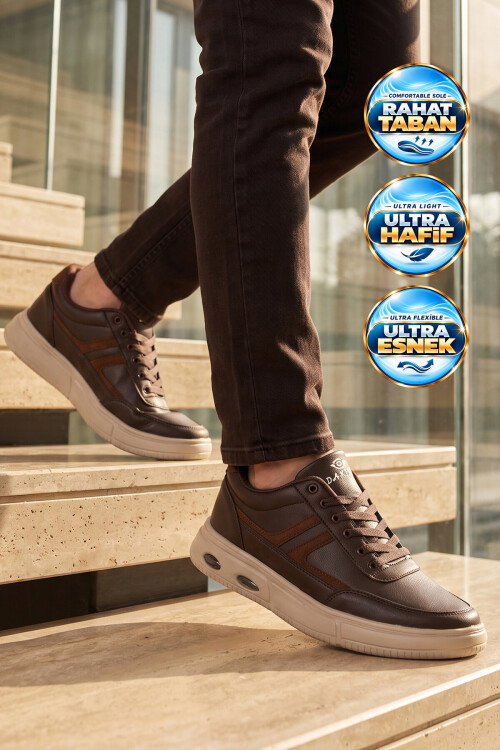 Kahve Bağcıklı Hafif Esnek Tabanlı Erkek Casual Yürüyüş Ayakkabı Sneaker 128 Cilt