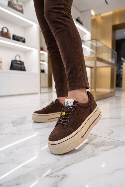 Kalın Tabanlı Aksesuar Bağcıklı Sneaker Hakiki Deri Kahve Kadın Casual Yürüyüş Ayakkabı 26K366-2