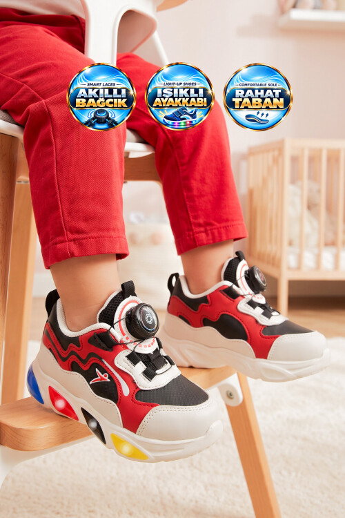 Kırmızı Akıllı Bağcıklı Işıklı Bebek Spor Ayakkabı Sneaker Elliot Cilt