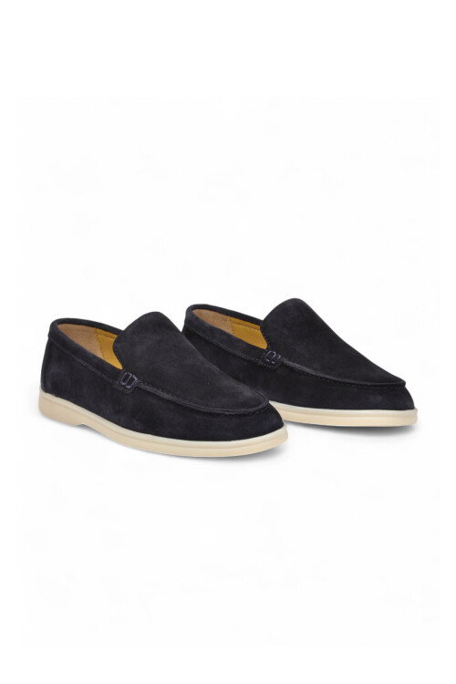 Lacivert Hakiki Deri Şık Rahat Espadril Erkek Casual Ayakkabı Loafer 6K020-217