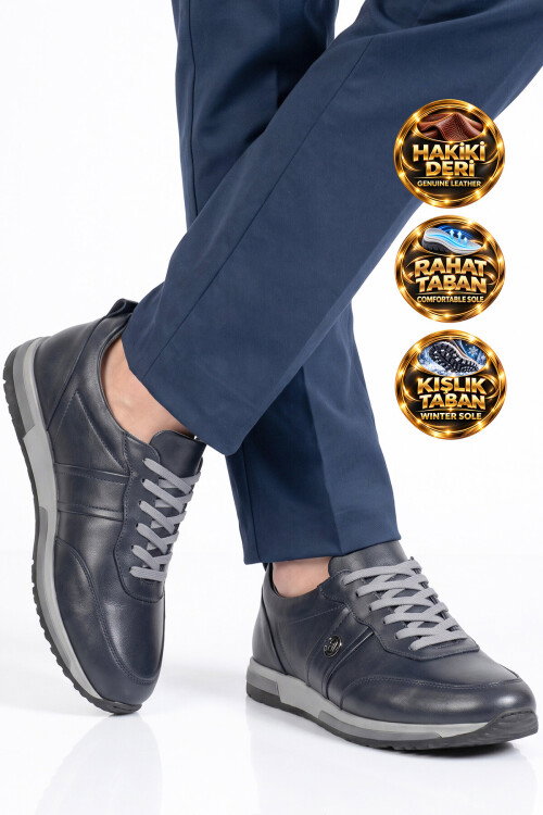 Lacivert Hakiki Deri Bağcıklı Erkek Casual Sneaker Ayakkabı 42172