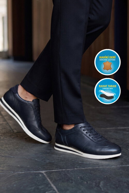 Kauçuk Tabanlı Bağcıklı Sneaker Lacivert Hakiki Deri Erkek Casual Ayakkabı HZ1003-7811