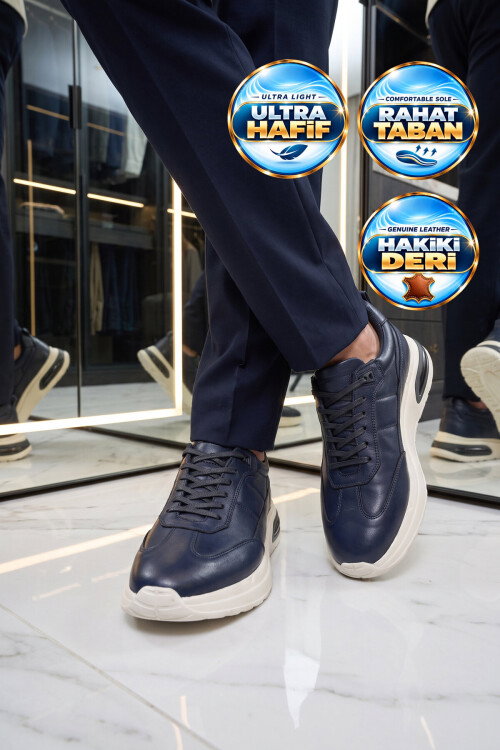 Kauçuk Tabanlı Bağcıklı Sneaker Lacivert Hakiki Deri Erkek Casual Ayakkabı HZ1774-0337 