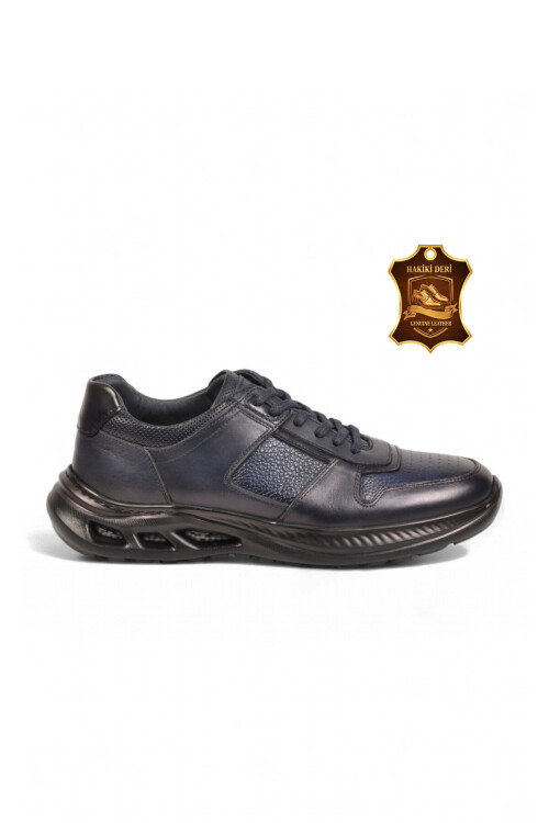 Kauçuk Tabanlı Bağcıklı Sneaker Lacivert Hakiki Deri Erkek Casual Ayakkabı HZ2461-2522