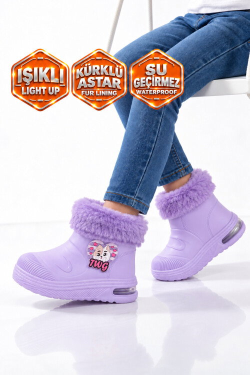 Lila İçi Kürklü Sıcak Tutan Su Geçirmez Işıklı Aksesuarlı Kız Çocuk Çizme Bot 525
