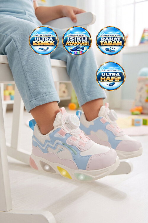 Pudra Akıllı Bağcıklı Işıklı Bebek Spor Ayakkabı Sneaker Elliot Cilt