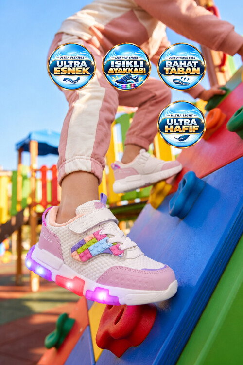 Pudra Cırtlı Işıklı Desenli Kız Çocuk Spor Ayakkabı Sneaker Heros P