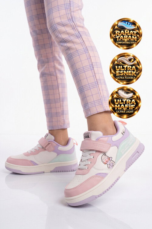 Cırt Bantlı Kalın Rahat Tabanlı Kız Çocuk Pudra Yürüyüş ve Spor Ayakkabı Sneaker Star 26K