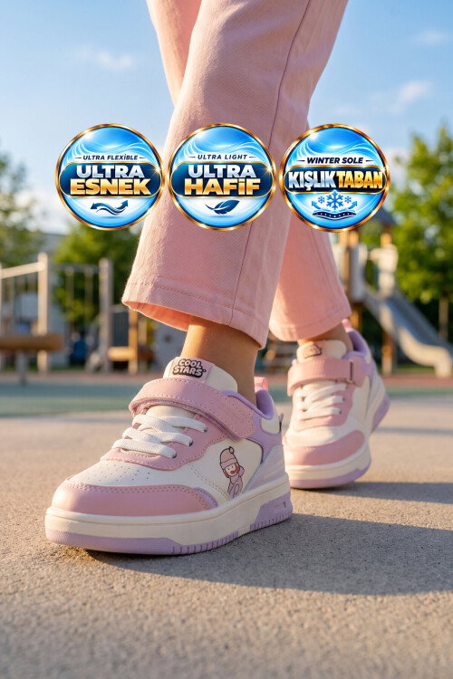 Cırt Bantlı Kalın Rahat Tabanlı Kız Çocuk Pudra Yürüyüş ve Spor Ayakkabı Sneaker Star 26K