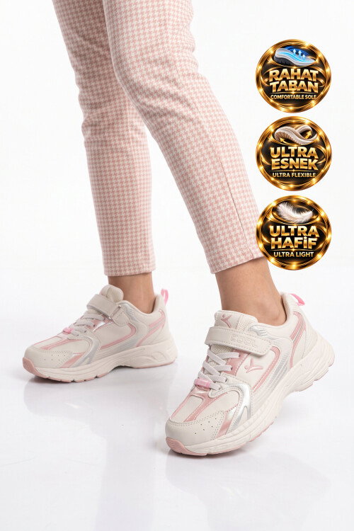 Cırt Banlı Kalın Tabanlı Pudra Kız Çocuk Yürüyüş ve Spor Ayakkabı Sneaker Terra 26K