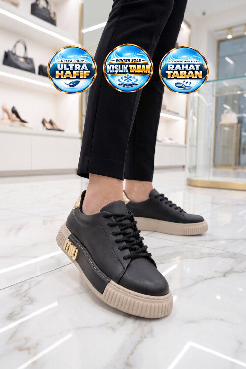 Siyah Bağcıklı Kalın Rahat Tabanlı Kadın Casual Yürüyüş Ayakkabı Sneaker 261261