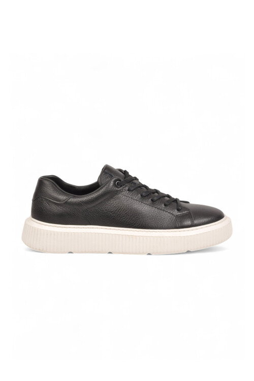 Kauçuk Tabanlı Bağcıklı Sneaker Siyah-Beyaz Hakiki Deri Erkek Casual Ayakkabı HZ1458-2049