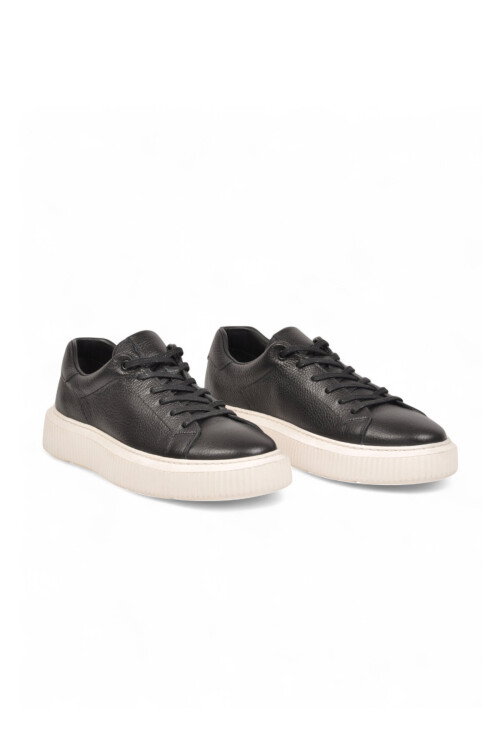 Kauçuk Tabanlı Bağcıklı Sneaker Siyah-Beyaz Hakiki Deri Erkek Casual Ayakkabı HZ1458-2049