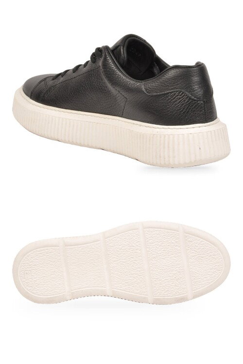 Kauçuk Tabanlı Bağcıklı Sneaker Siyah-Beyaz Hakiki Deri Erkek Casual Ayakkabı HZ1458-2049