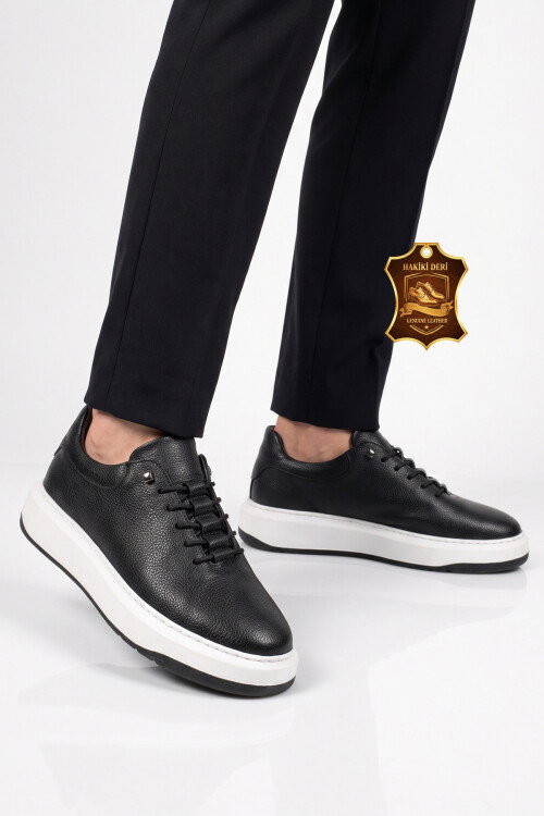Lastik Bağcıklı Şık Rahat Hakiki Deri Siyah-Beyaz Erkek Casual Sneaker Ayakkabı 272304