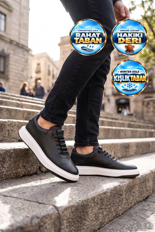 Lastik Bağcıklı Şık Rahat Hakiki Deri Siyah-Beyaz Erkek Casual Sneaker Ayakkabı 272304