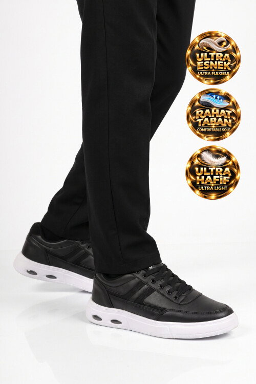 Siyah-Beyaz Bağcıklı Hafif Esnek Tabanlı Erkek Casual Yürüyüş Ayakkabı Sneaker 128 Cilt
