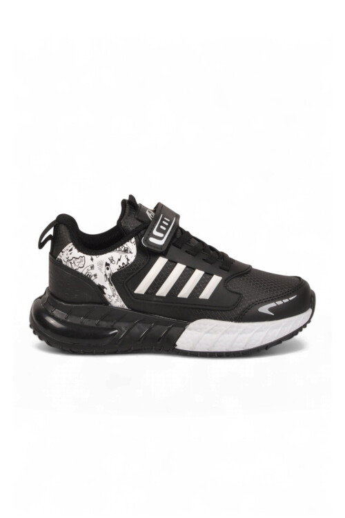 Cırt Bantlı Kalın Tabanlı Siyah-Beyaz Erkek Çocuk Yürüyüş ve Spor Ayakkabı Sneaker 748 Cilt
