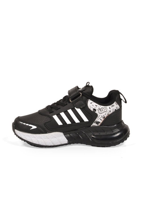 Cırt Bantlı Kalın Tabanlı Siyah-Beyaz Erkek Çocuk Yürüyüş ve Spor Ayakkabı Sneaker 748 Cilt