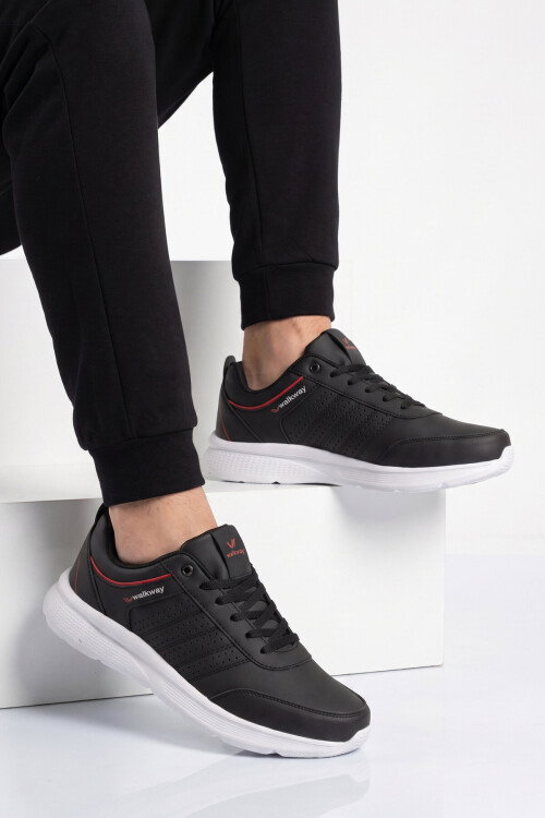 Siyah-Beyaz Bağcıklı Hafif Esnek Rahat Erkek Yürüyüş ve Spor Ayakkabı Sneaker Wood 4040