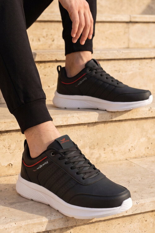 Siyah-Beyaz Bağcıklı Hafif Esnek Rahat Erkek Yürüyüş ve Spor Ayakkabı Sneaker Wood 4040
