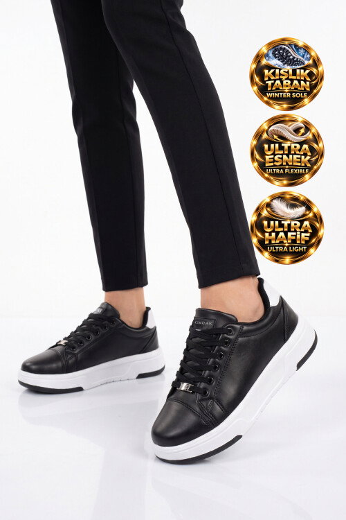 Bağcıklı Kalın Tabanlı Kadın Siyah-Beyaz Casual Yürüyüş Ayakkabı Sneaker Code 419