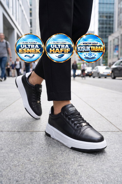 Bağcıklı Kalın Tabanlı Kadın Siyah-Beyaz Casual Yürüyüş Ayakkabı Sneaker Code 419