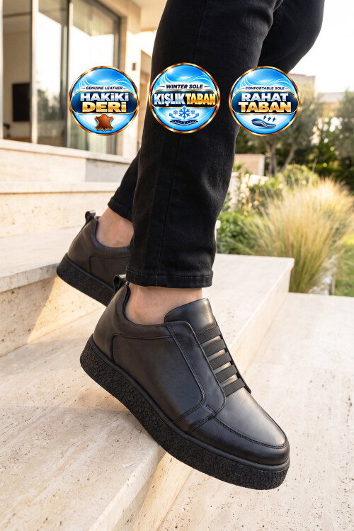 Siyah Cilt Hakiki Deri Ortopedik Tabanlı Erkek Casual Sneaker Ayakkabı 632908