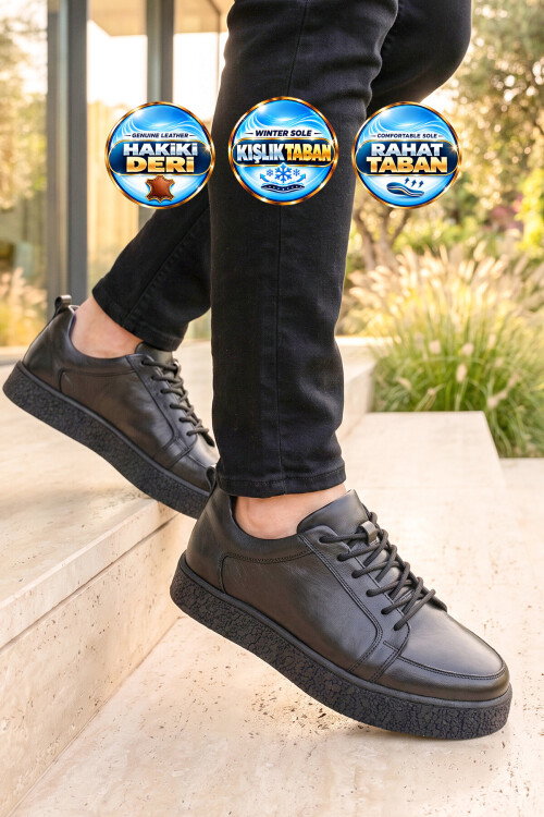 Siyah Cilt Hakiki Deri Bağcıklı Ortopedik Tabanlı Erkek Casual Sneaker Ayakkabı 632909