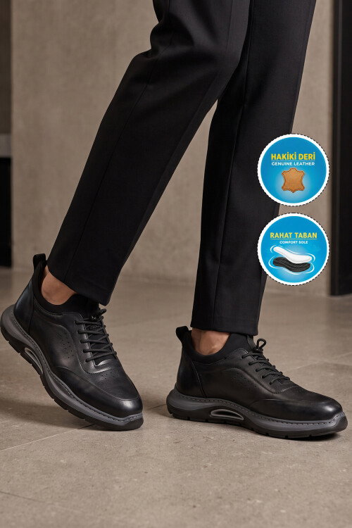 Kauçuk Tabanlı Siyah Hakiki Deri Sneaker Siyah-Füme Erkek Casual Ayakkabı HZ2844-8225