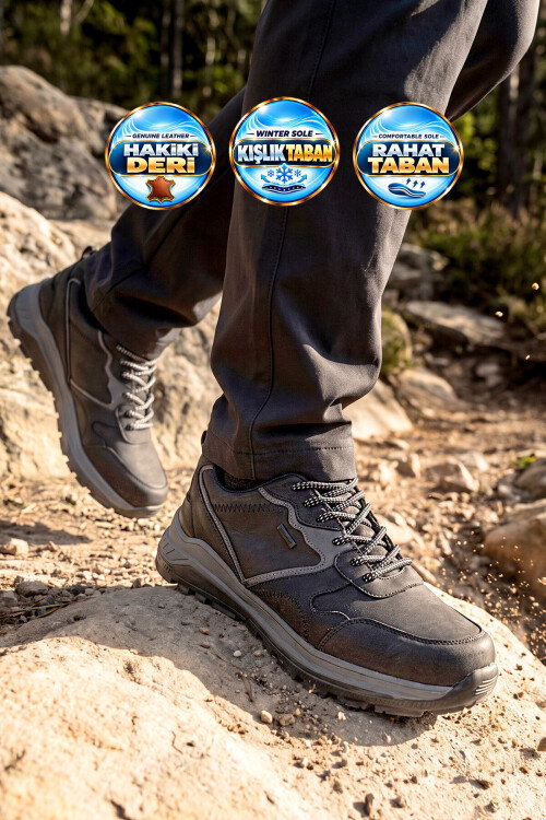 Siyah Hakiki Deri Bağcıklı Kaymaz Tabanlı Erkek Outdoor Trekking Ayakkabı 2526