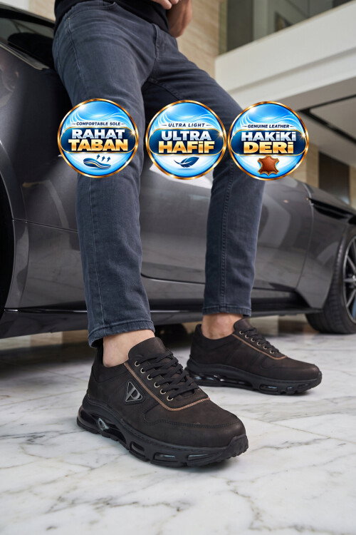Siyah Hakiki Deri Bağcıklı Rahat Tabanlı Erkek Casual Ayakkabı Sneaker 166