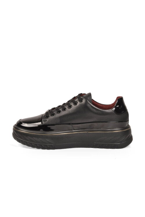 Siyah Hakiki Deri Bağcıklı Kalın Tabanlı Erkek Casual Sneaker Ayakkabı 152-24121