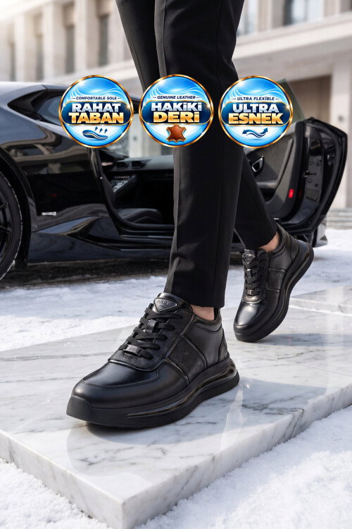 Siyah Hakiki Deri Bağcıklı Erkek Casual Sneaker Ayakkabı 152-24176