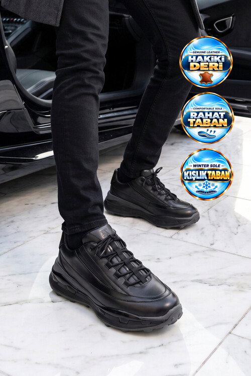 Siyah Hakiki Deri Kaymaz Tabanlı Erkek Casual Sneaker Ayakkabı 152-24210