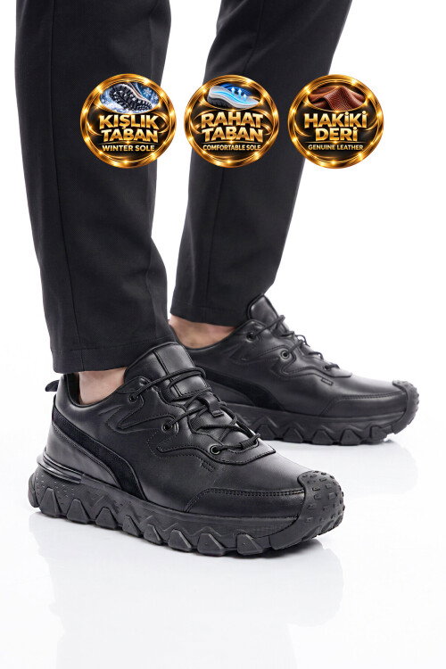 Siyah Hakiki Deri Kaymaz Tabanlı Erkek Casual Sneaker Ayakkabı 152-24252